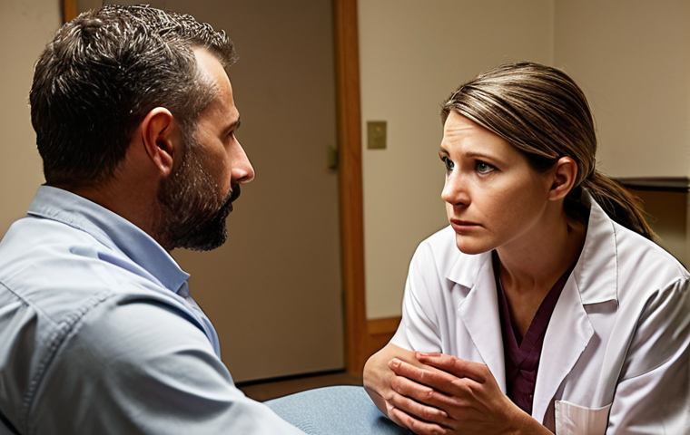 **
A compassionate addiction counselor, resembling a soul investigator, patiently listens to a patient. The scene is warm and empathetic, highlighting the counselor's role in uncovering deep-seated traumas and guiding the patient towards self-reconstruction and a fulfilling life. The counselor is using active listening techniques, creating a safe space for vulnerability and healing.
**