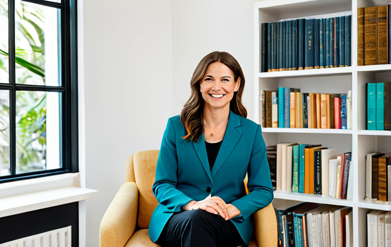 **

A professional female therapist in a fully clothed, modest business casual outfit (e.g., blazer, blouse, dress pants), sitting in a bright and airy counseling office with comfortable seating, plants, and soft lighting. She is smiling gently at the viewer. The background includes framed artwork and bookshelves filled with books. Safe for work, appropriate content, professional, family-friendly, perfect anatomy, correct proportions, natural pose, well-formed hands, proper finger count, natural body proportions.

**