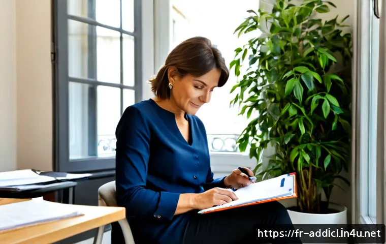 중독상담사 취업 성공 후기 - Photorealistic successful addiction counselor employment story, confident French female professional...